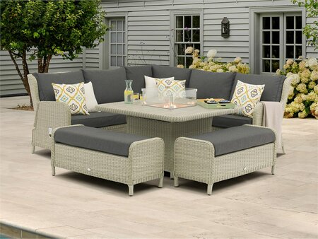 Bramblecrest Chedworth Dove Grey Rattan Reclining Corner Sofa with Square Firepit Table & 2 Benches - image 1