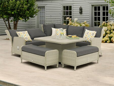 Bramblecrest Chedworth Dove Grey Rattan Reclining Corner Sofa with Square Firepit Table & 2 Benches - image 2