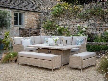 Bramblecrest Chedworth Sandstone Rattan L-Shape Sofa with Rectangle Firepit Table & 2 Benches - image 1