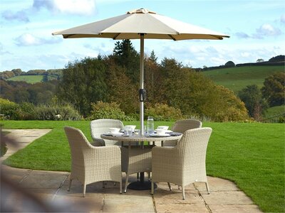 Bramblecrest Tetbury Nutmeg Rattan 4 Seat Round Dining Set with Tree-Free Top, Parasol & Base - image 2